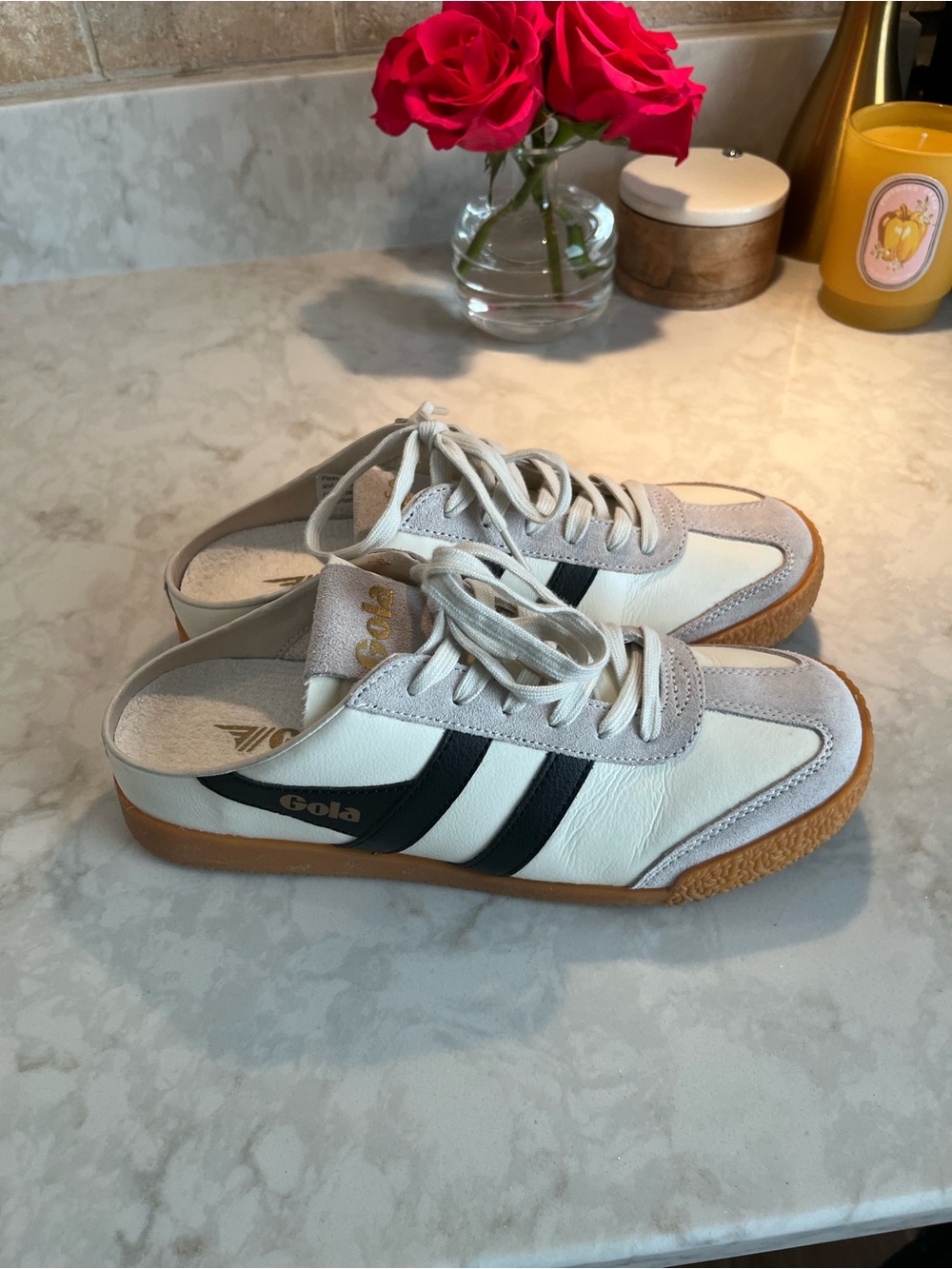 Gola (Anthropologie) Off-White Sneakers with Black Stripes and Gum Sole - Picture 4 of 7